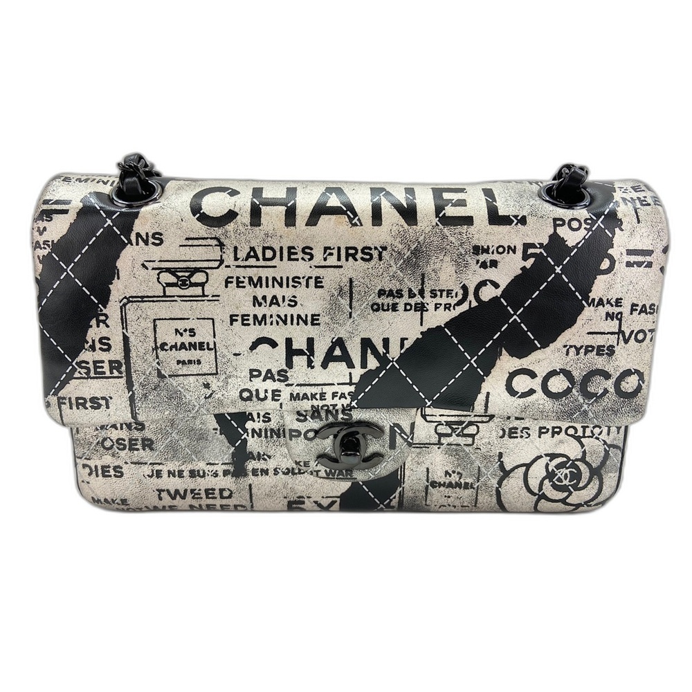 Chanel Newspaper Logo Print Classic Flap Graffiti Pattern Shoulder Bag, Black